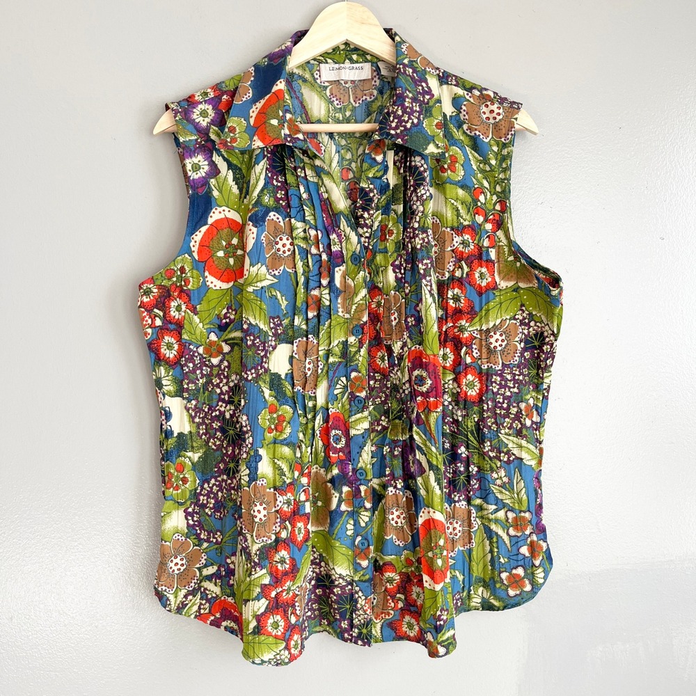 Lemon Grass Blouse Womens L Colorful Floral Pleated Sleeveless Artsy Hippie
